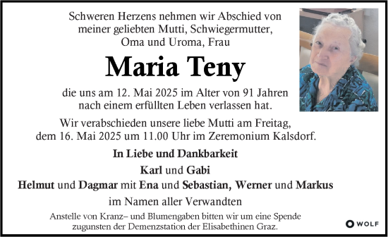 Traueranzeige von Maria Teny von Kleine Zeitung