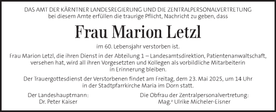 Traueranzeige von Marion Letzl von Kleine Zeitung