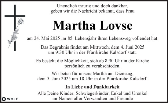 Traueranzeige von Martha Lovse von Kleine Zeitung