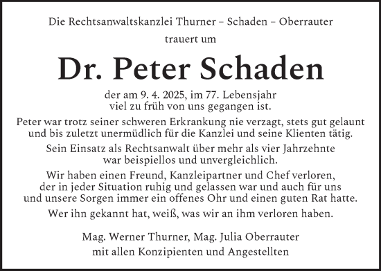 Traueranzeige von Peter Schaden von Kleine Zeitung