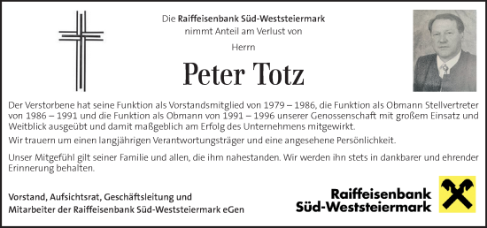 Traueranzeige von Peter Totz von Kleine Zeitung