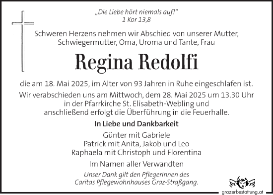 Traueranzeige von Regina Redolfi von Kleine Zeitung