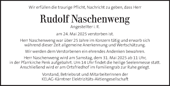 Traueranzeige von Rudolf Naschenweng von Kleine Zeitung