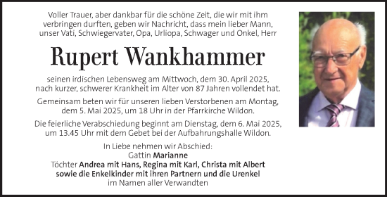 Traueranzeige von Rupert Wankhammer von Kleine Zeitung