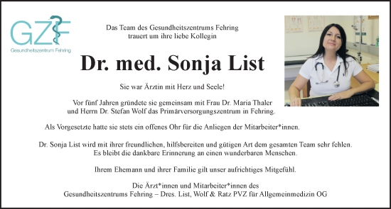 Traueranzeige von Sonja List von Kleine Zeitung