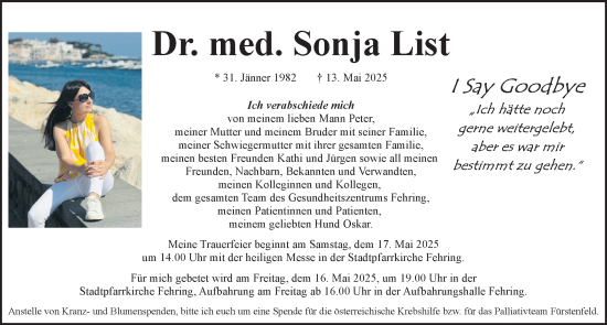 Traueranzeige von Sonja List von Kleine Zeitung