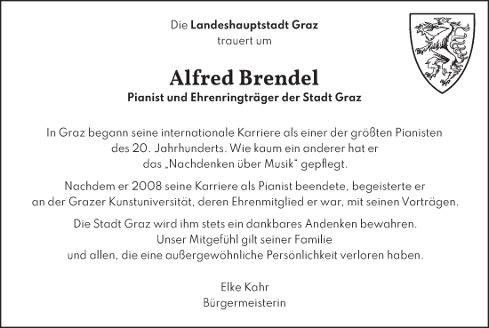 Traueranzeige von Alfred Brendel von Kleine Zeitung