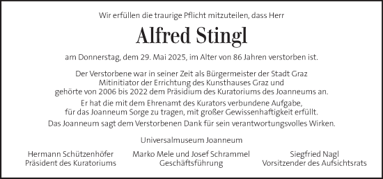 Traueranzeige von Alfred Stingl von Kleine Zeitung