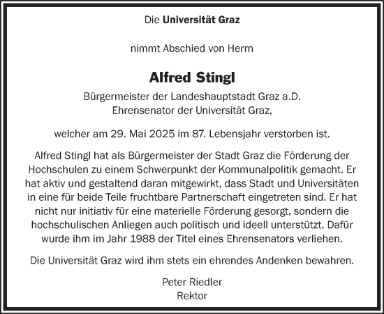 Traueranzeige von Alfred Stingl von Kleine Zeitung