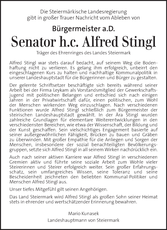 Traueranzeige von Alfred Stingl von Kleine Zeitung