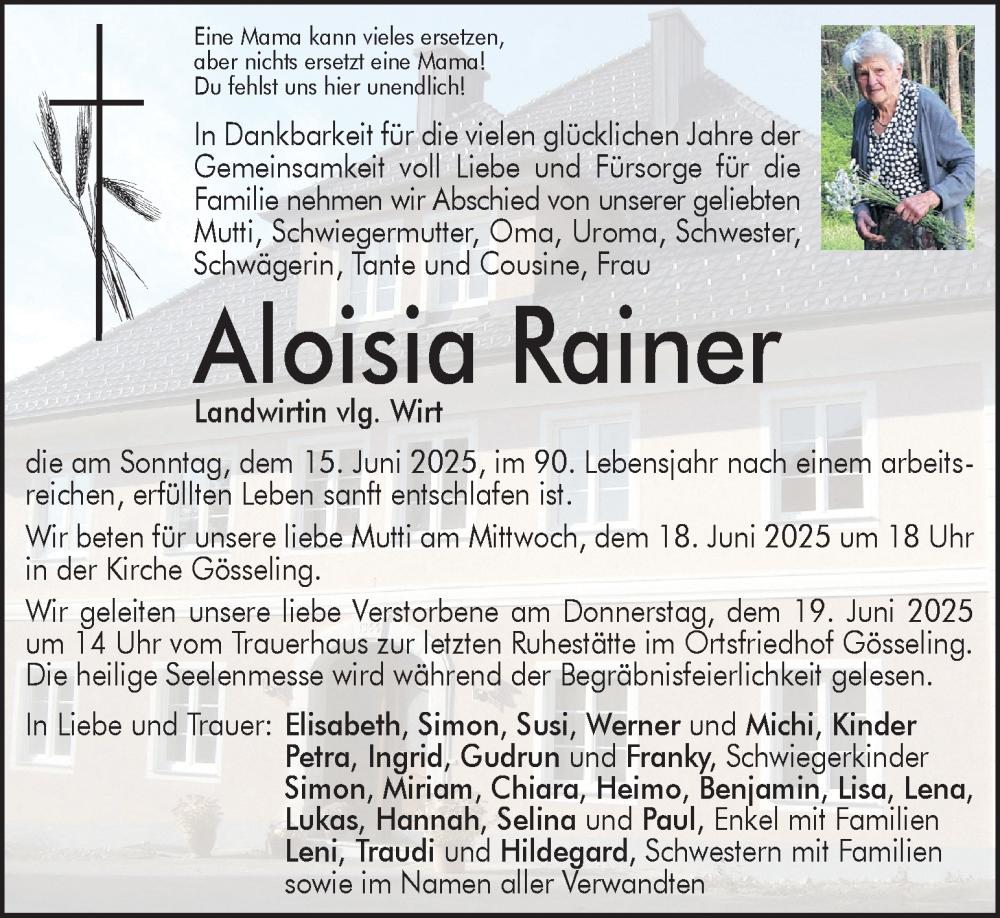  Traueranzeige für Aloisia Rainer vom 18.06.2025 aus Kleine Zeitung