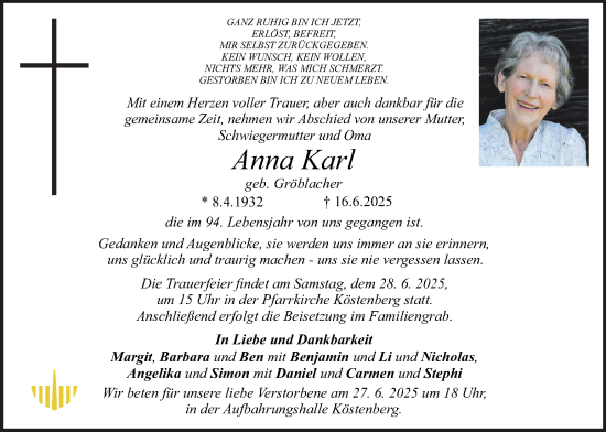 Traueranzeige von Anna Karl von Kleine Zeitung