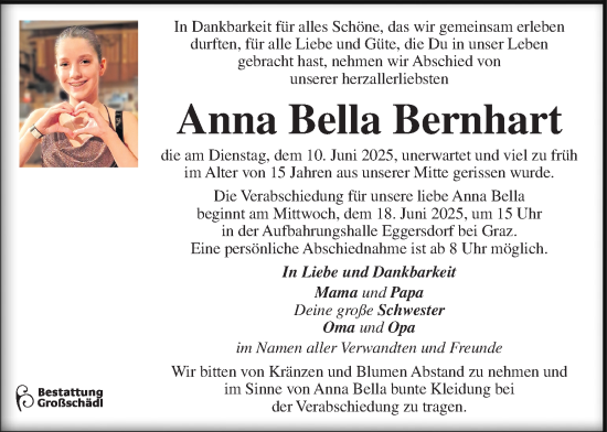 Traueranzeige von Anna Bella Bernhart von Kleine Zeitung