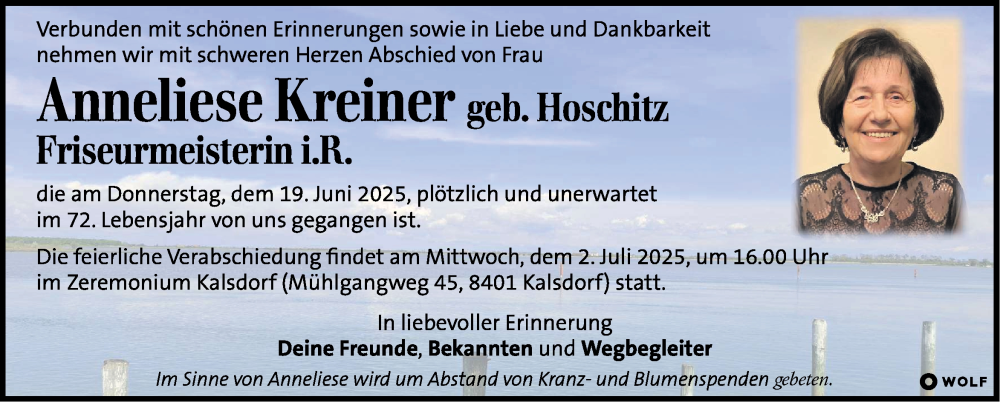  Traueranzeige für Anneliese Kreiner vom 27.06.2025 aus Kleine Zeitung