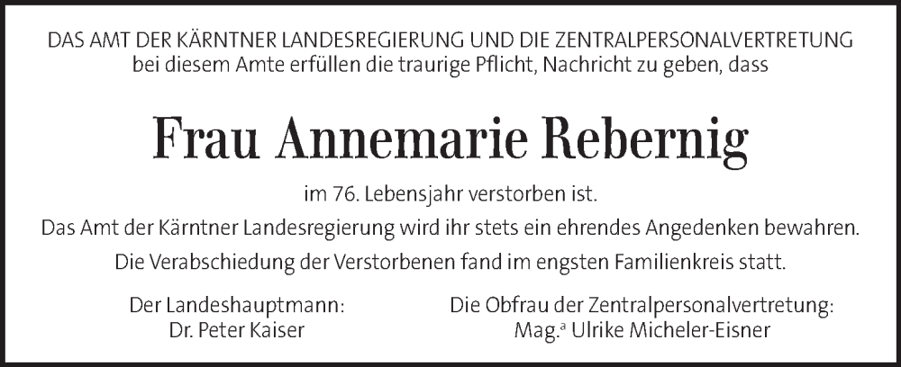  Traueranzeige für Annemarie Rebernig vom 14.06.2025 aus Kleine Zeitung