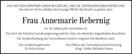 Traueranzeige von Annemarie Rebernig von Kleine Zeitung