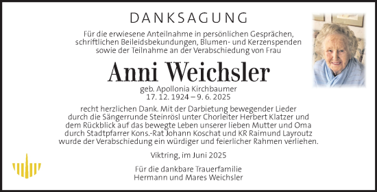 Traueranzeige von Anni Weichsler von Kleine Zeitung