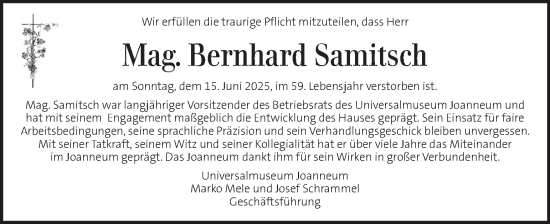 Traueranzeige von Bernhard Samitsch von Kleine Zeitung