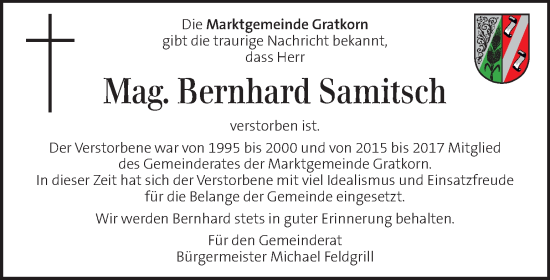 Traueranzeige von Bernhard Samitsch von Kleine Zeitung