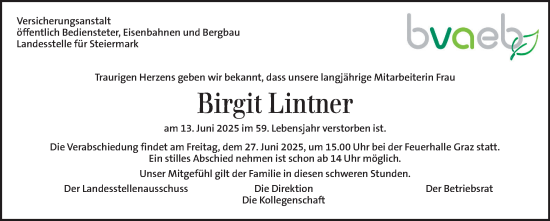 Traueranzeige von Birgit Lintner von Kleine Zeitung