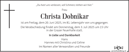 Traueranzeige von Christa Dobnikar von Kleine Zeitung