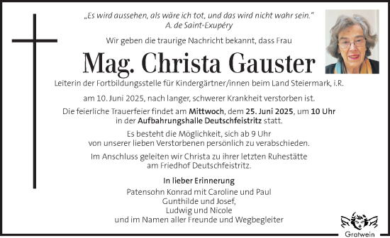 Traueranzeige von Christa Gauster von Kleine Zeitung