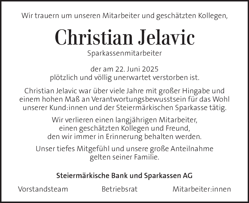  Traueranzeige für Christian Jelavic vom 01.07.2025 aus Kleine Zeitung