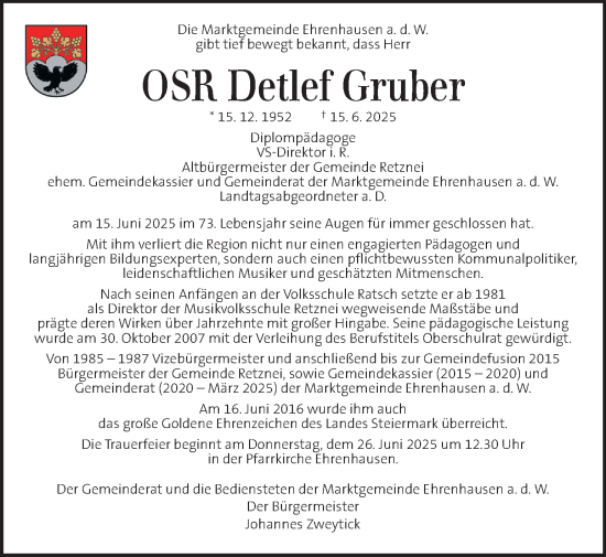 Traueranzeige von Detlef Gruber von Kleine Zeitung