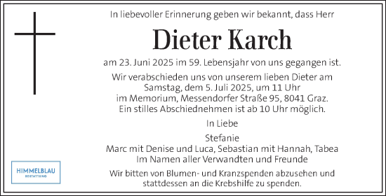 Traueranzeige von Dieter Karch von Kleine Zeitung