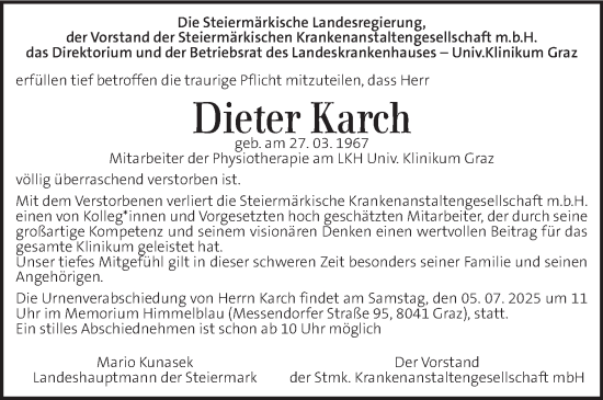 Traueranzeige von Dieter Karch von Kleine Zeitung