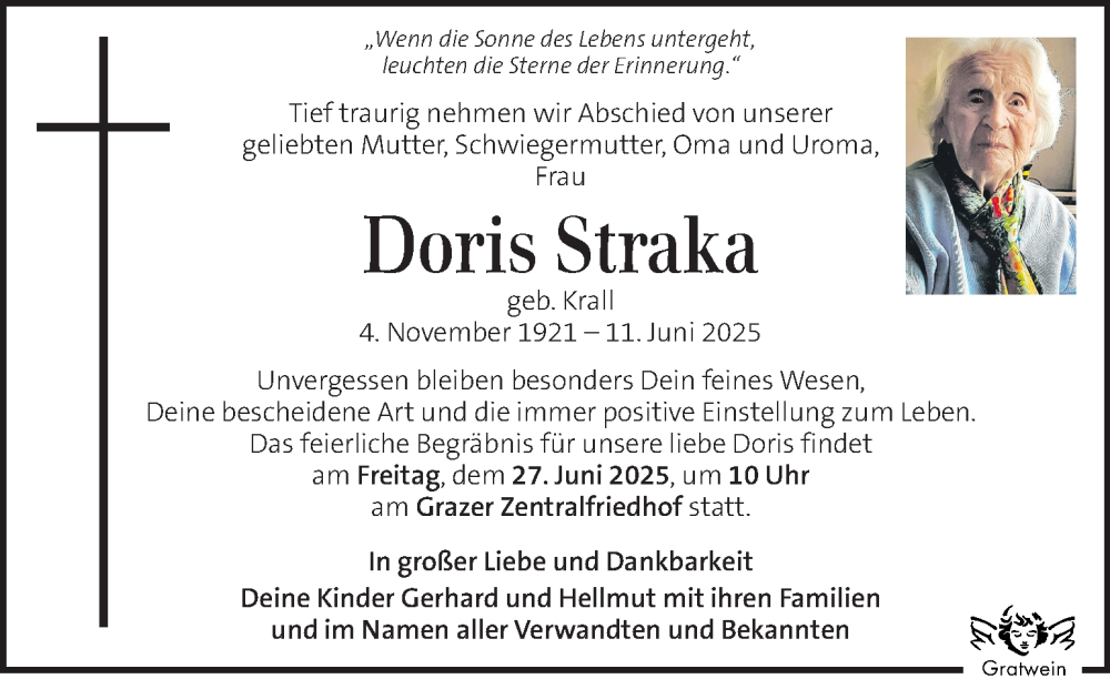  Traueranzeige für Doris Straka vom 19.06.2025 aus Kleine Zeitung