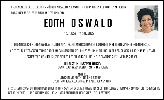 Traueranzeige von Edith Oswald von Kleine Zeitung