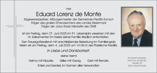 Traueranzeige von Eduard de Monte von Kleine Zeitung