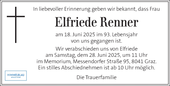 Traueranzeige von Elfriede Renner von Kleine Zeitung