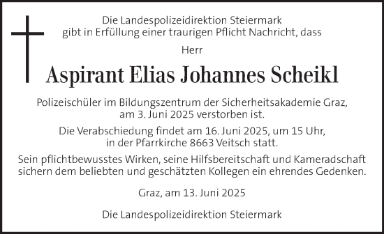 Traueranzeige von Elias Johannes Scheikl von Kleine Zeitung