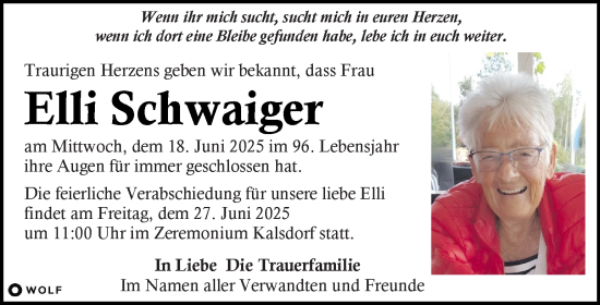 Traueranzeige von Elli Schwaiger von Kleine Zeitung