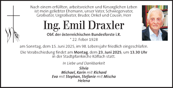 Traueranzeige von Emil Draxler von Kleine Zeitung