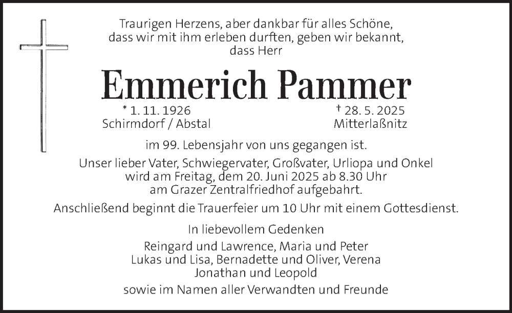  Traueranzeige für Emmerich Pammer vom 14.06.2025 aus Kleine Zeitung