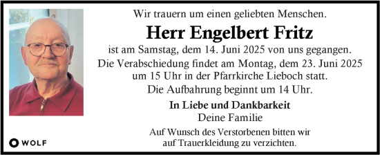 Traueranzeige von Engelbert Fritz von Kleine Zeitung