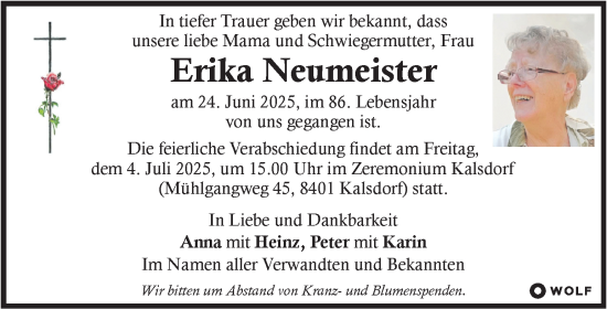 Traueranzeige von Erika Neumeister von Kleine Zeitung