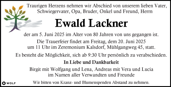 Traueranzeige von Ewald Lackner von Kleine Zeitung