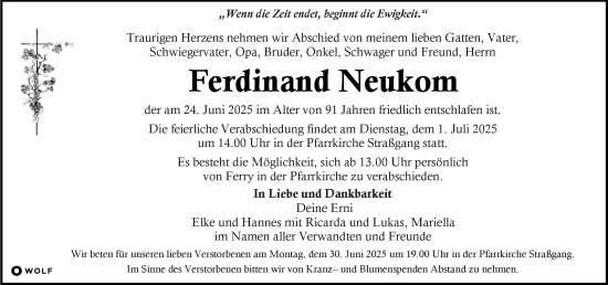 Traueranzeige von Ferdinand Neukom von Kleine Zeitung