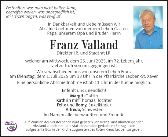 Traueranzeige von Franz Valland von Kleine Zeitung