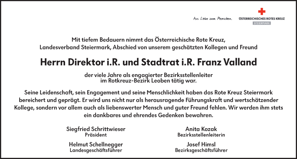  Traueranzeige für Franz Valland vom 28.06.2025 aus Kleine Zeitung