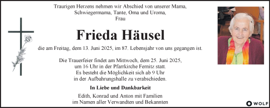 Traueranzeige von Frieda Häusel von Kleine Zeitung