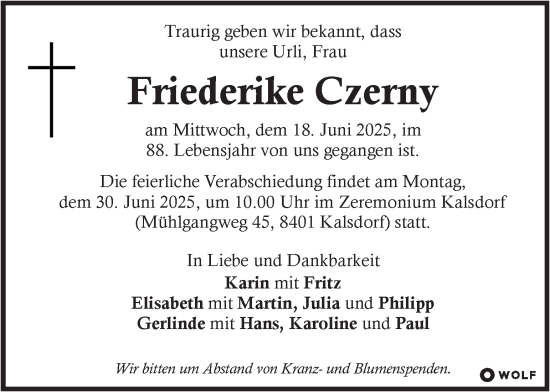 Traueranzeige von Friederike Czerny von Kleine Zeitung