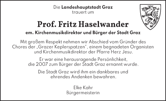 Traueranzeige von Fritz Haselwander von Kleine Zeitung