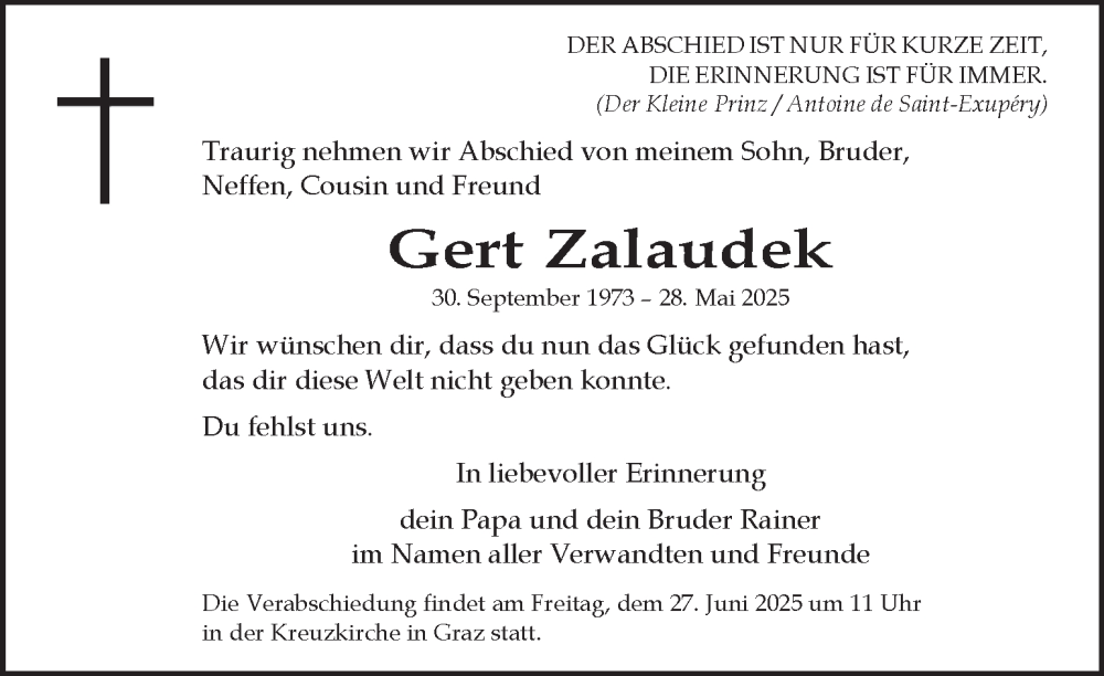 Traueranzeige für Gert Zalaudek vom 25.06.2025 aus Kleine Zeitung