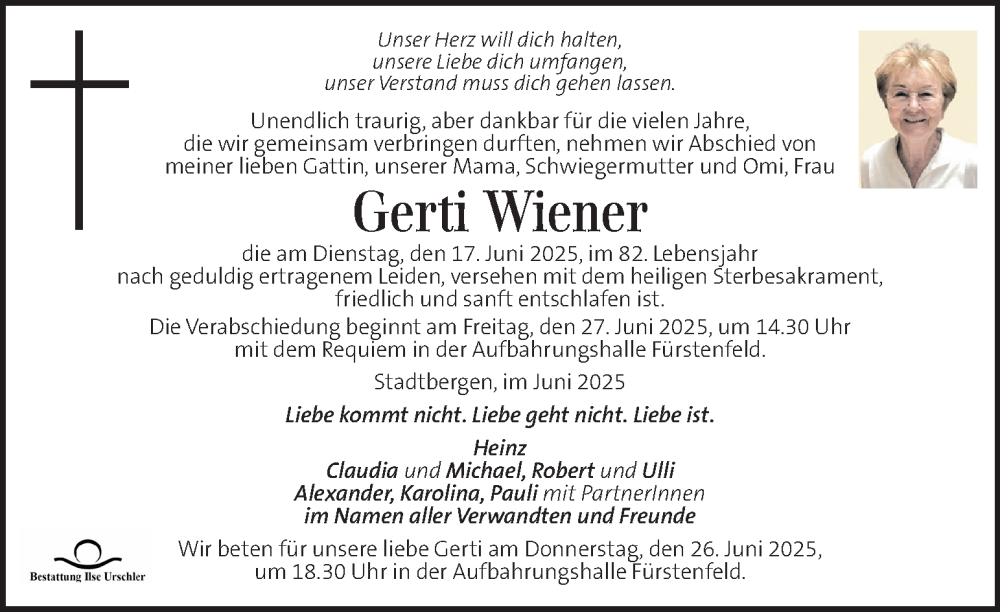  Traueranzeige für Gerti Wiener vom 22.06.2025 aus Kleine Zeitung