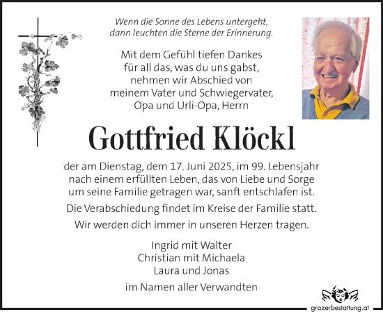 Traueranzeige von Gottfried Klöckl von Kleine Zeitung